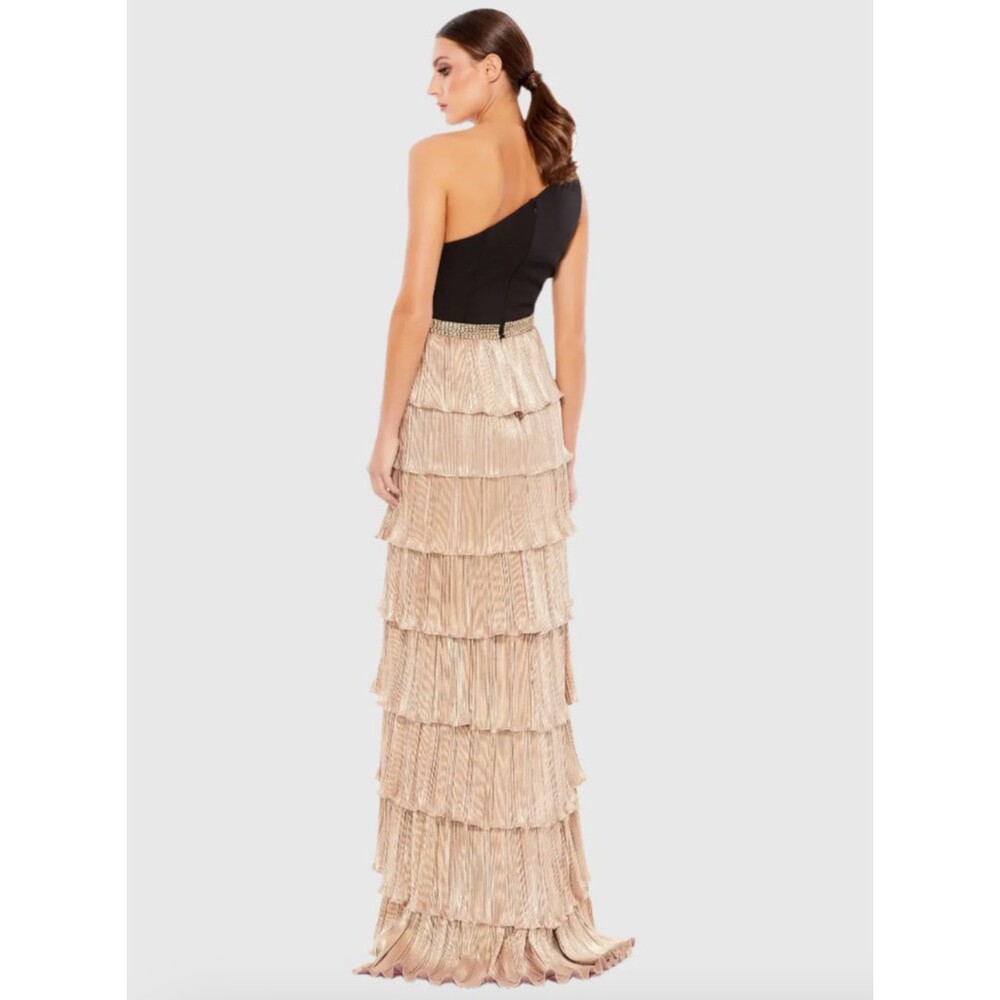 Ieena for Mac Duggal Black and Gold One-Shoulder Ruffle Tiered A-Line Gown Sz 6 - Picture 3 of 10